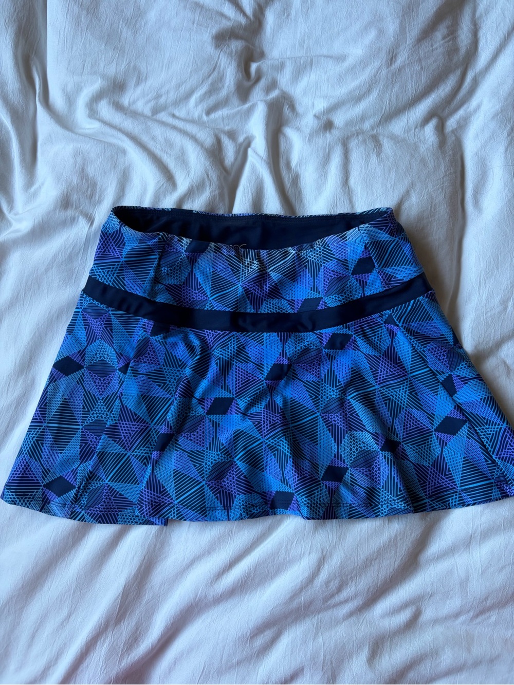Blue Geometric Circle Skirt with Contrast Waistband